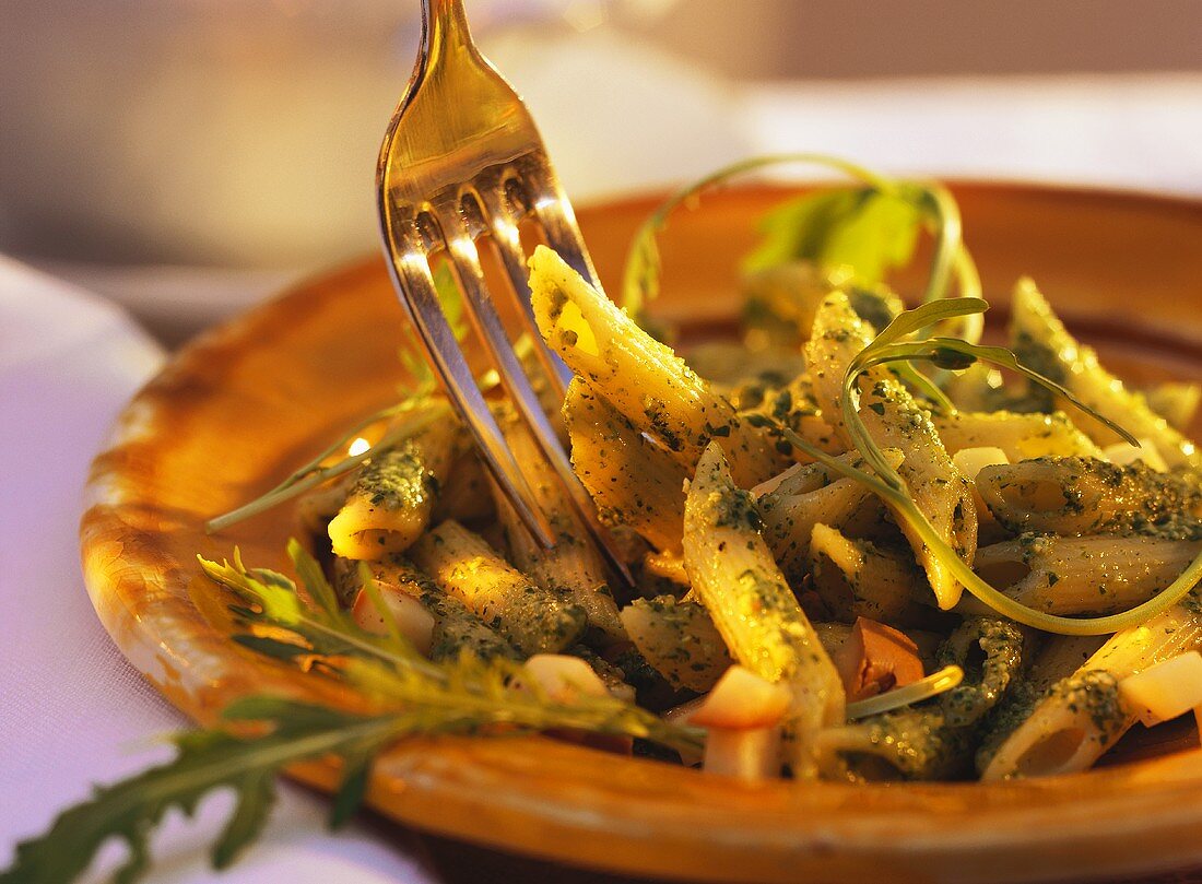 Penne with rocket pesto and smoked mozzarella