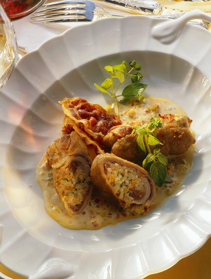 Veal roulades stuffed with vegetable risotto & Parma ham