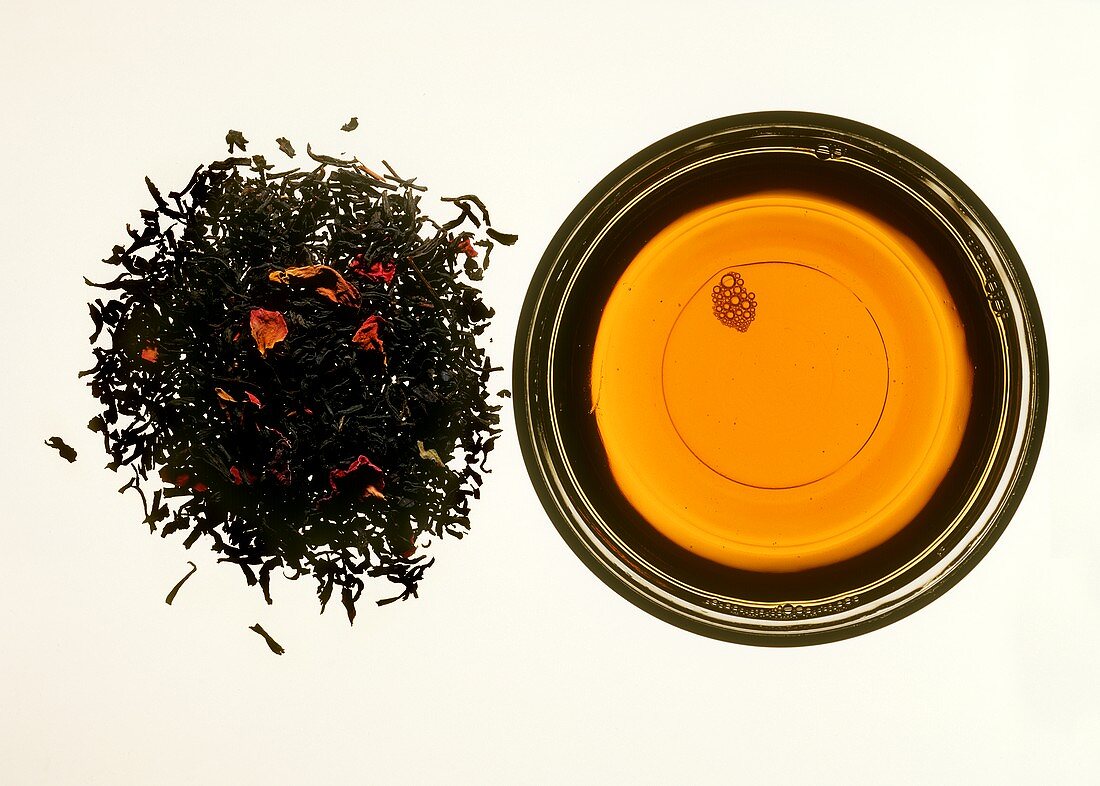 Chinese rose tea; tea leaves and infusion of tea