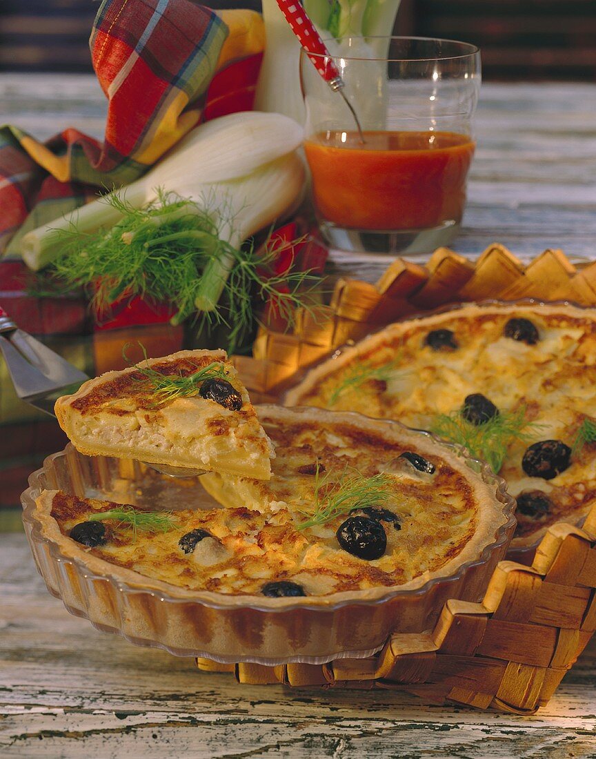 Turkey quiche with fennel, black olives and fennel fronds