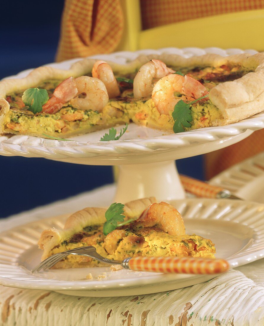 Shrimp quiche with curried cream and coriander leaves
