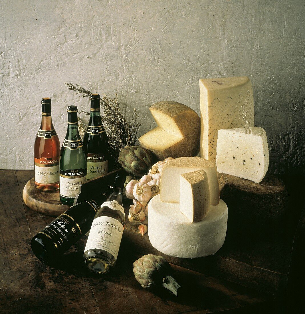 Wine Cheese and Vegetable Still Life