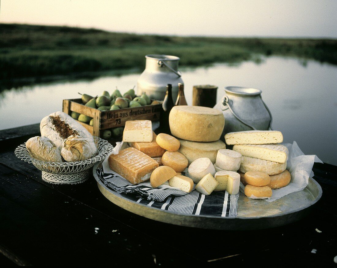 Cheese Still Life with Fruit and Bread Overlooking the Water