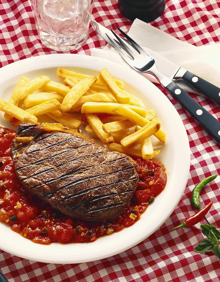 Grilled Steak with Fries and Salsa