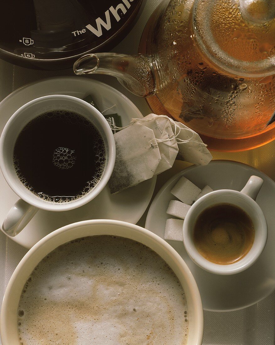 Black coffee, espresso, cappuccino & tea in glass pot