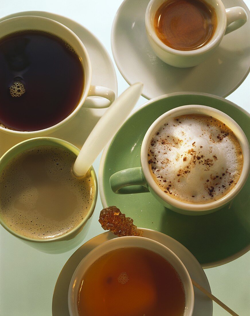 Black coffee, espresso, cocoa, cappuccino with cocoa, tea