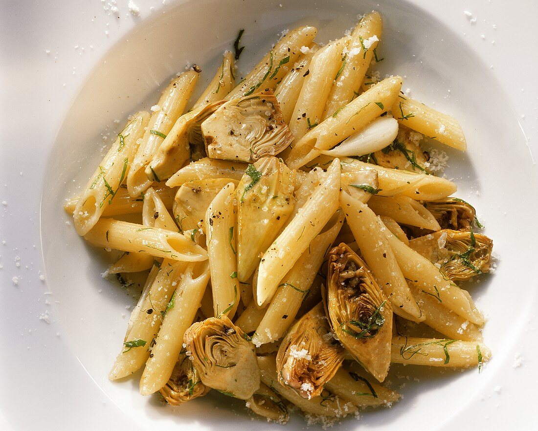 Pasta ai carciofi (penne with fresh artichokes, Italy)