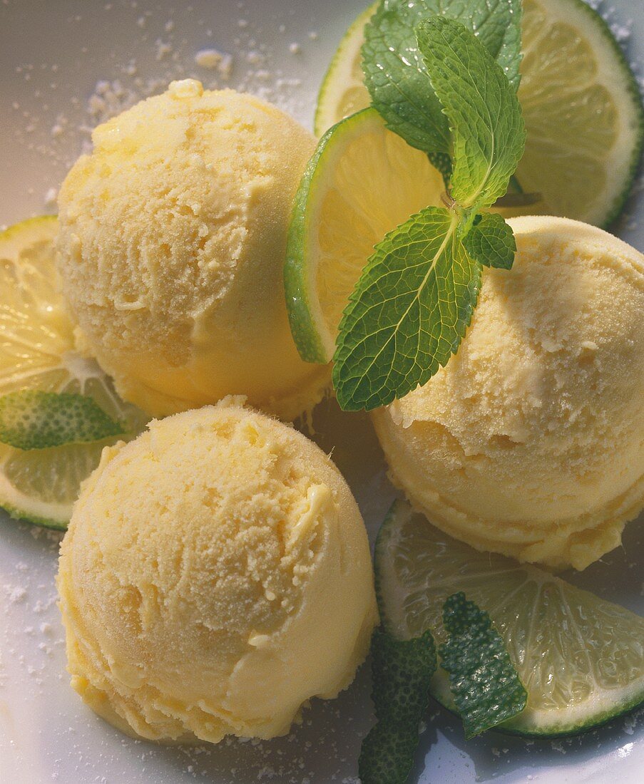 Lime sorbet with slices of lime and fresh mint