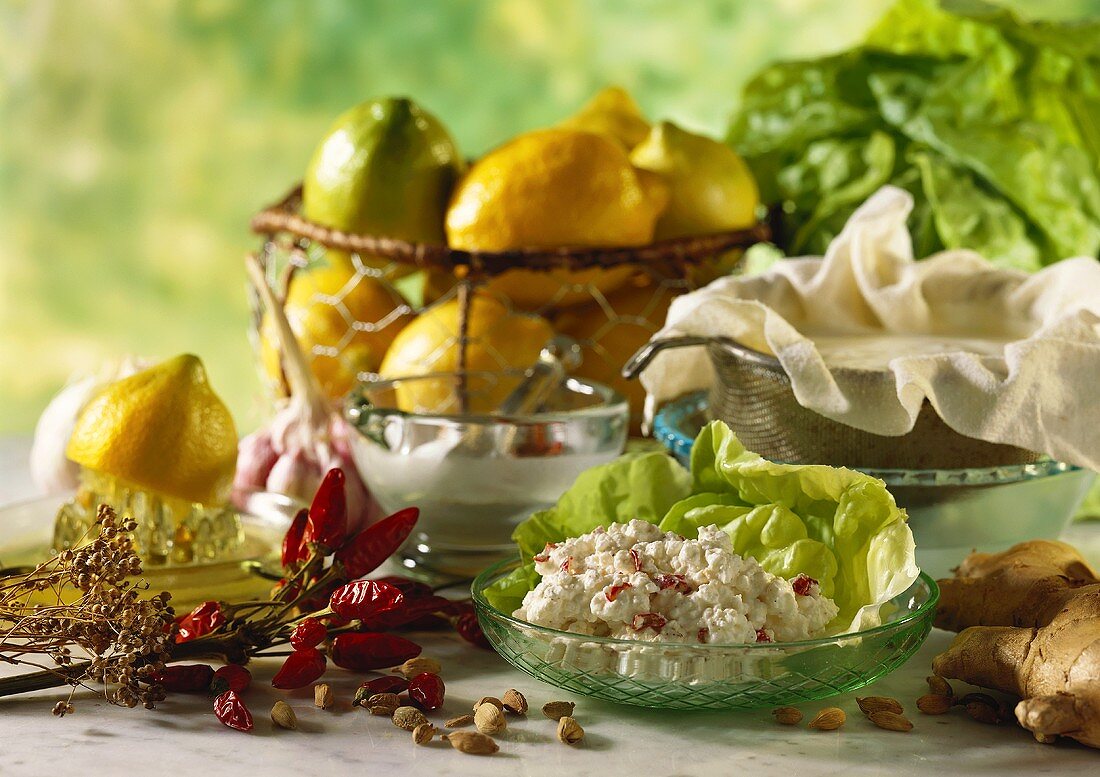 Cream cheese with chili peppers & ginger on lettuce leaves