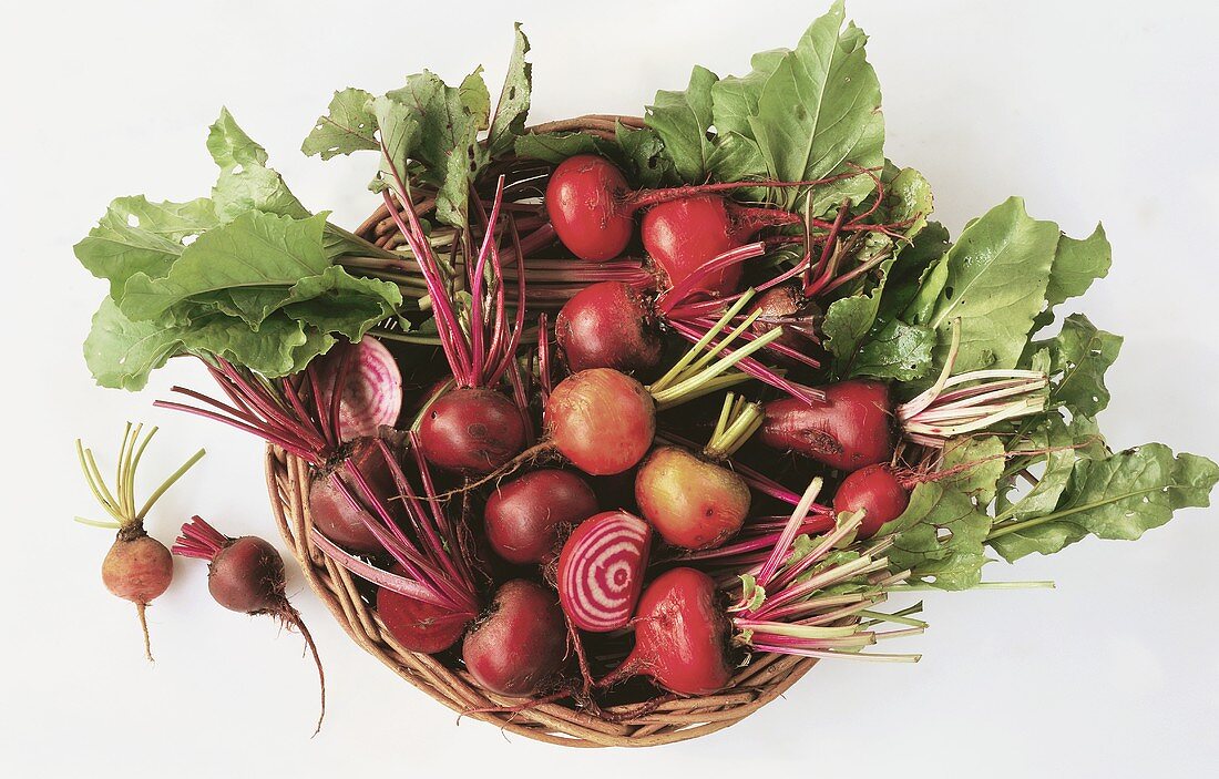 Various types of beetroot in a basket