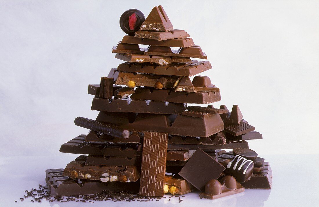 Assorted Chocolate Bars and Chocolate Candy Stacked High