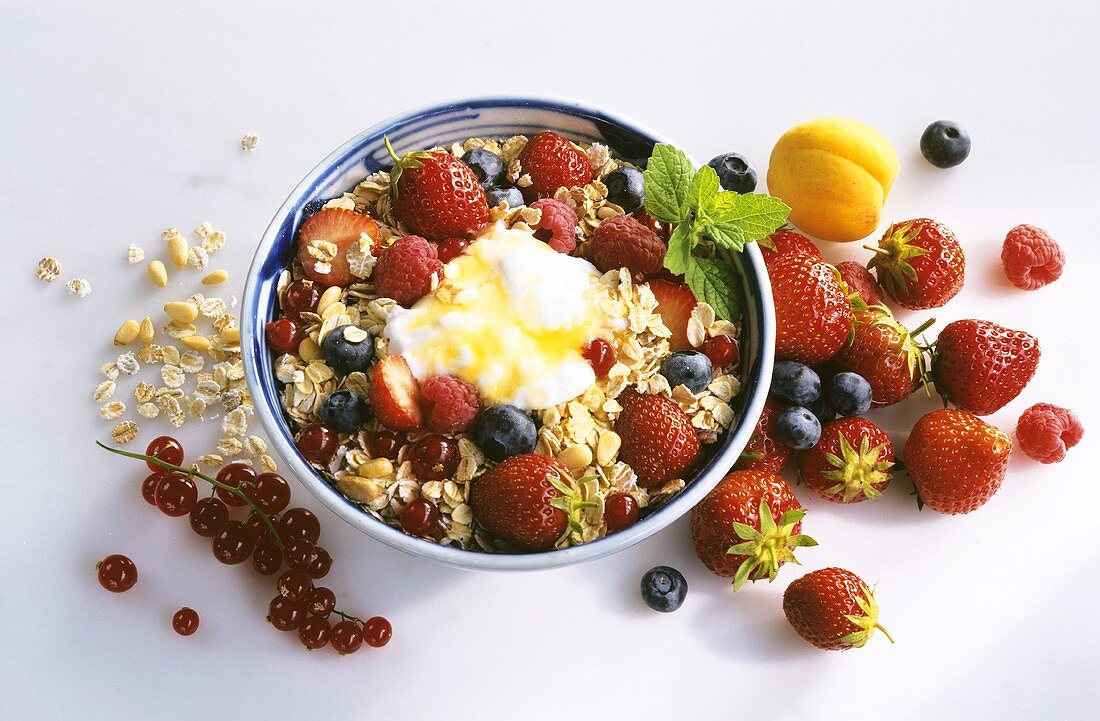 Bowl of Muesli with Fruit and Yogurt