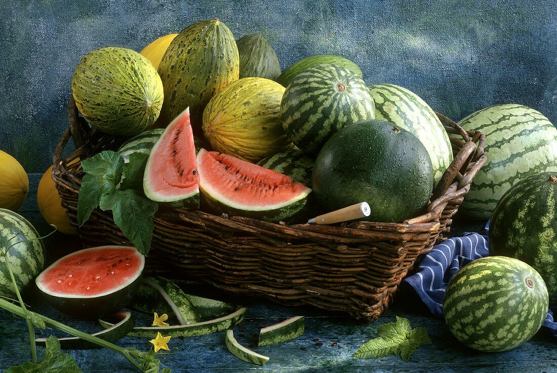 Stillleben mit verschiedenen Melonensorten in Korb