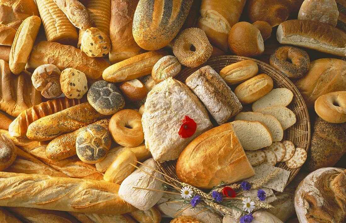 Various white and brown breads and rolls