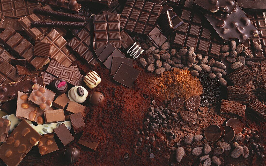 Schokoladesorten, Kakaopulver, Pralinen & Kakaobohnen