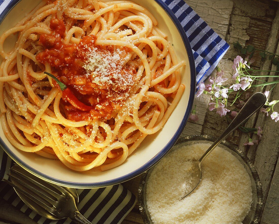 Bucatini with tomato & chili sauce (all amatriciana) & Parmesan