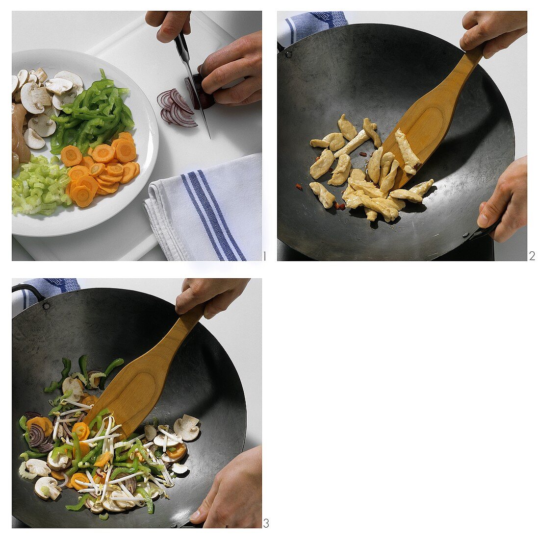 Preparing Udon noodles with chicken & vegetables