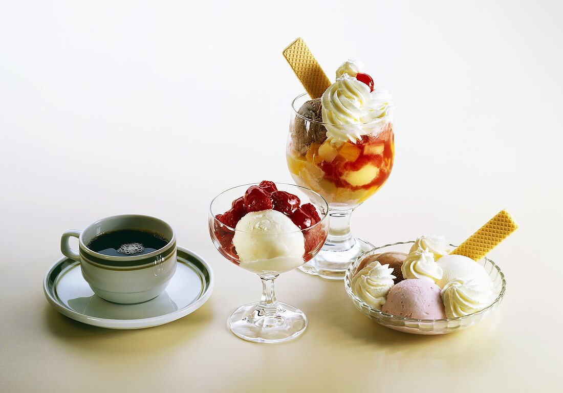 Three different ice cream desserts and cup of coffee