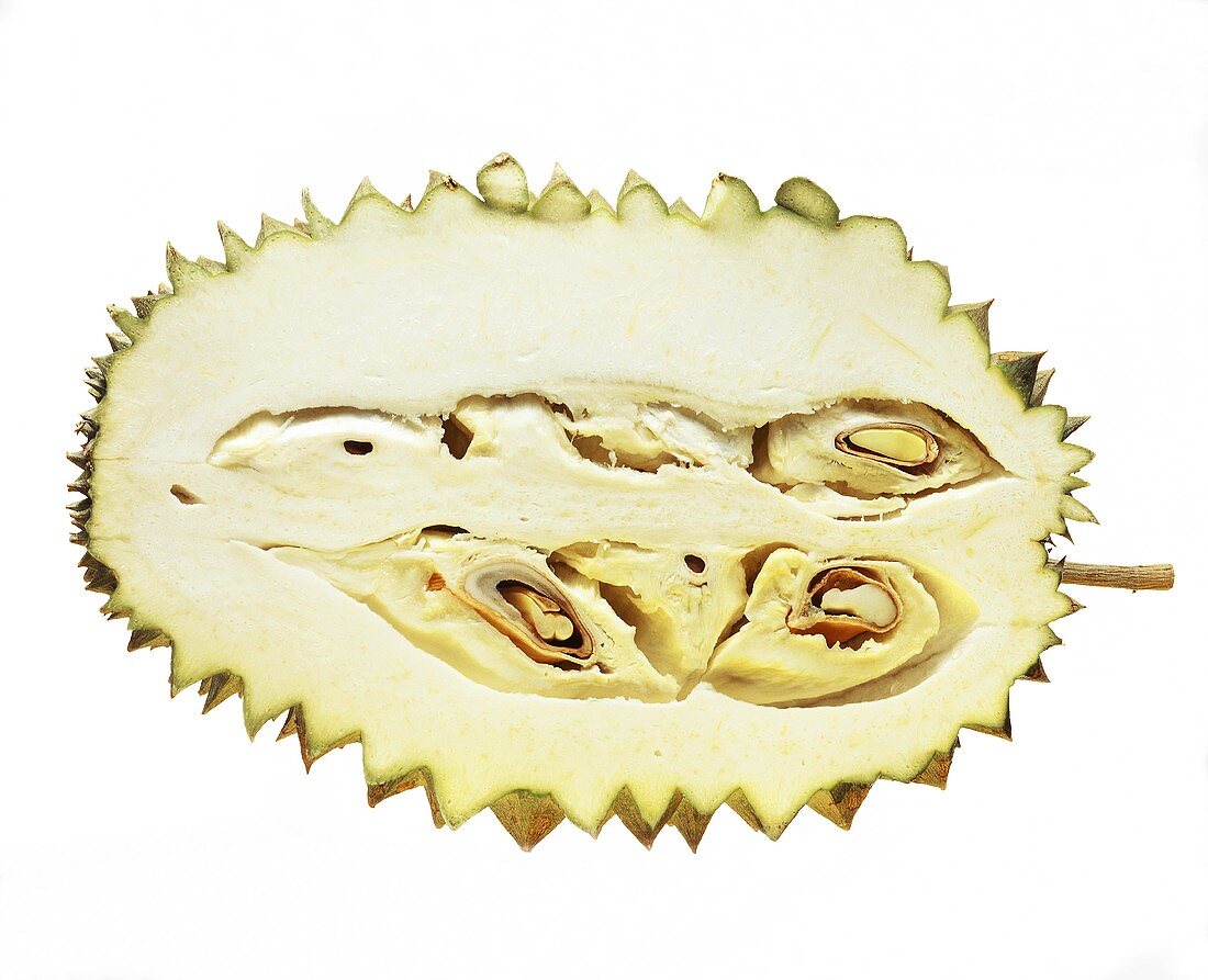 Eine halbierte Durian (Stinkfrucht)