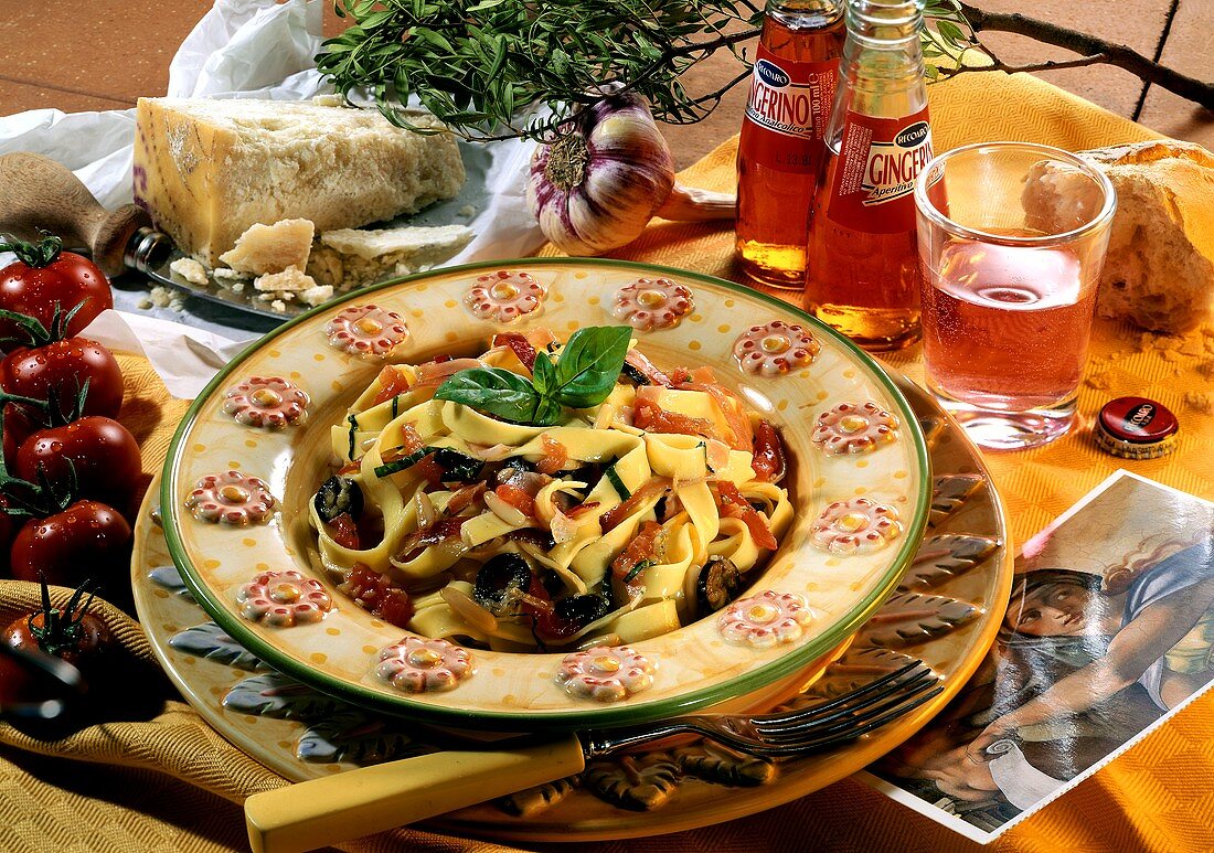 Tagliatelle mit Tomaten, Oliven & Pinienkernen