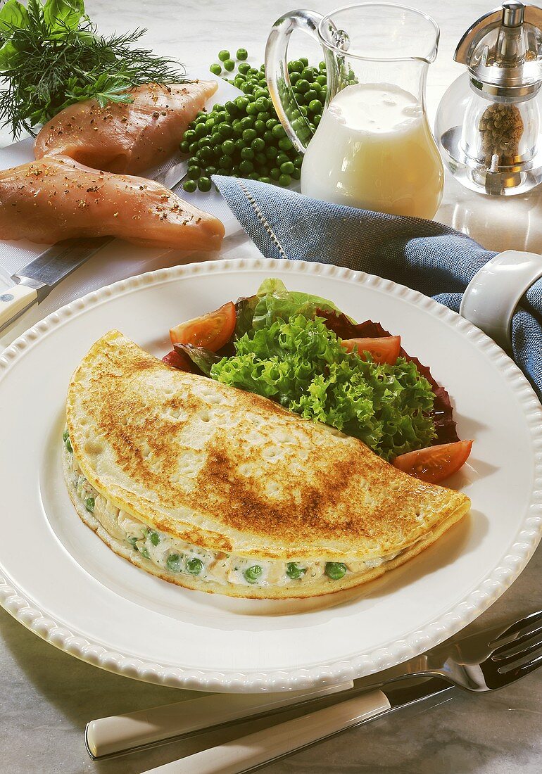 Stuffed pancake with chicken and peas