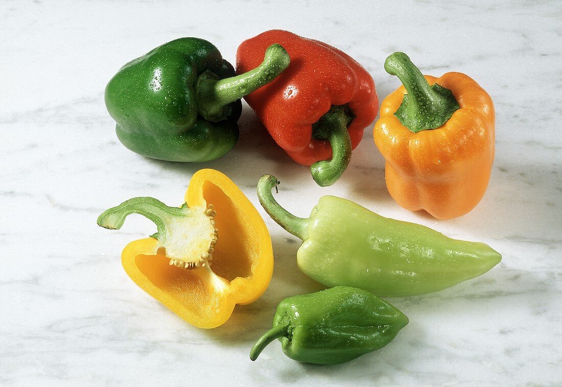 Yellow, red and green peppers and long pointed peppers