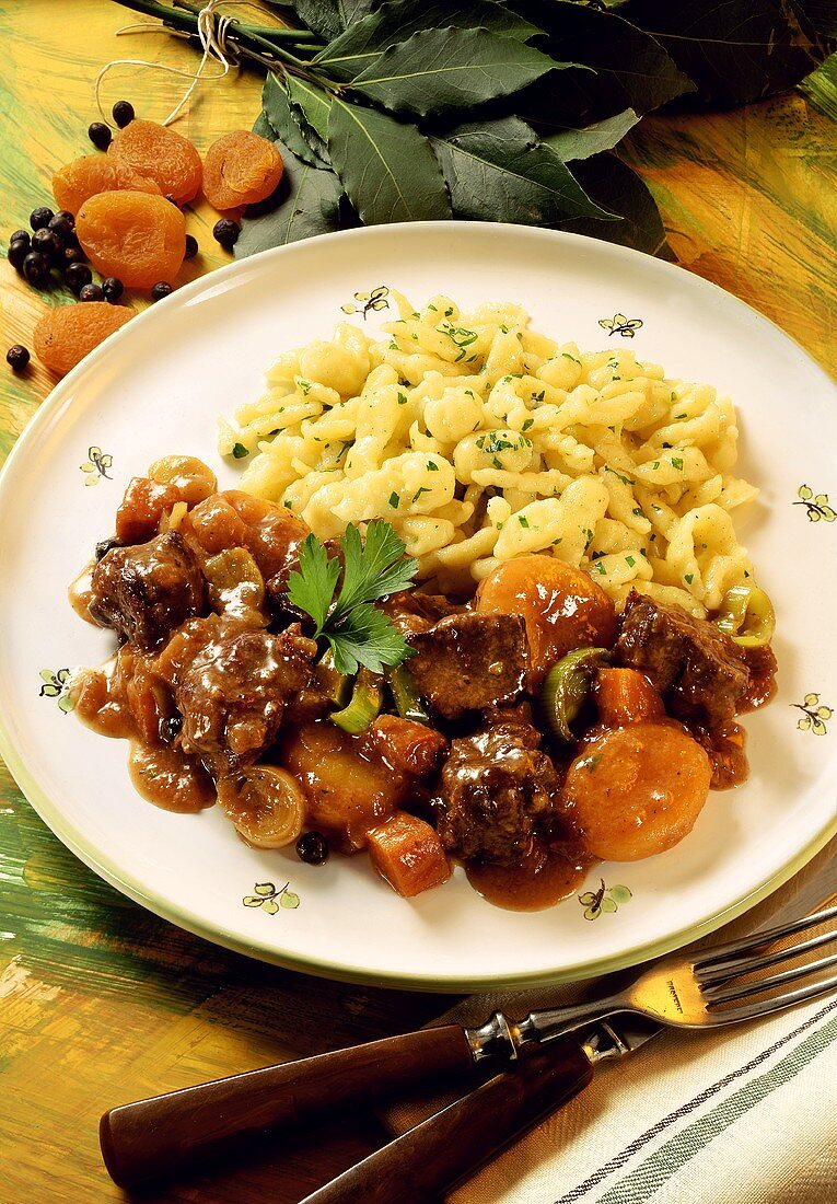 Venison ragout with dried apricots & home-made noodles 