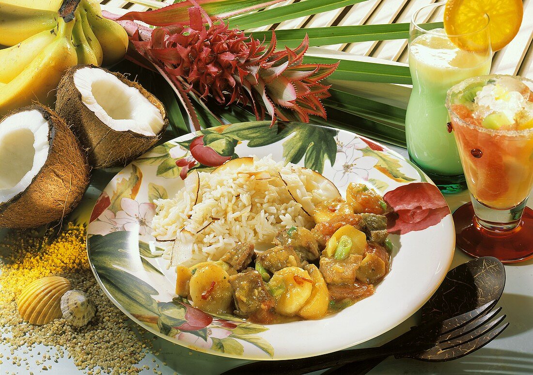 Pork with exotic fruits and coconut rice