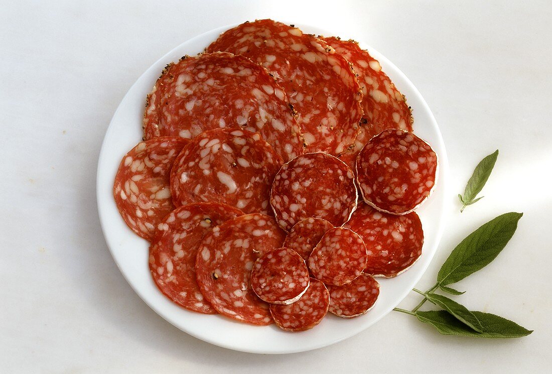 Various types of sliced salami on a plate