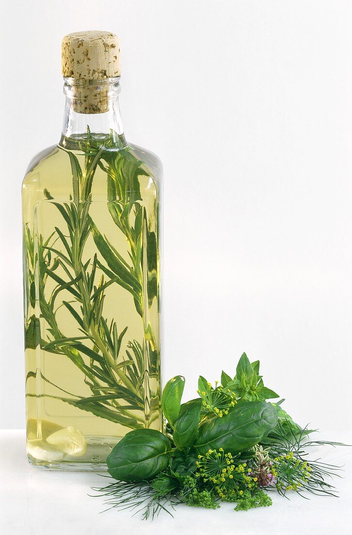 A bottle of herb vinegar with tarragon & fresh herbs