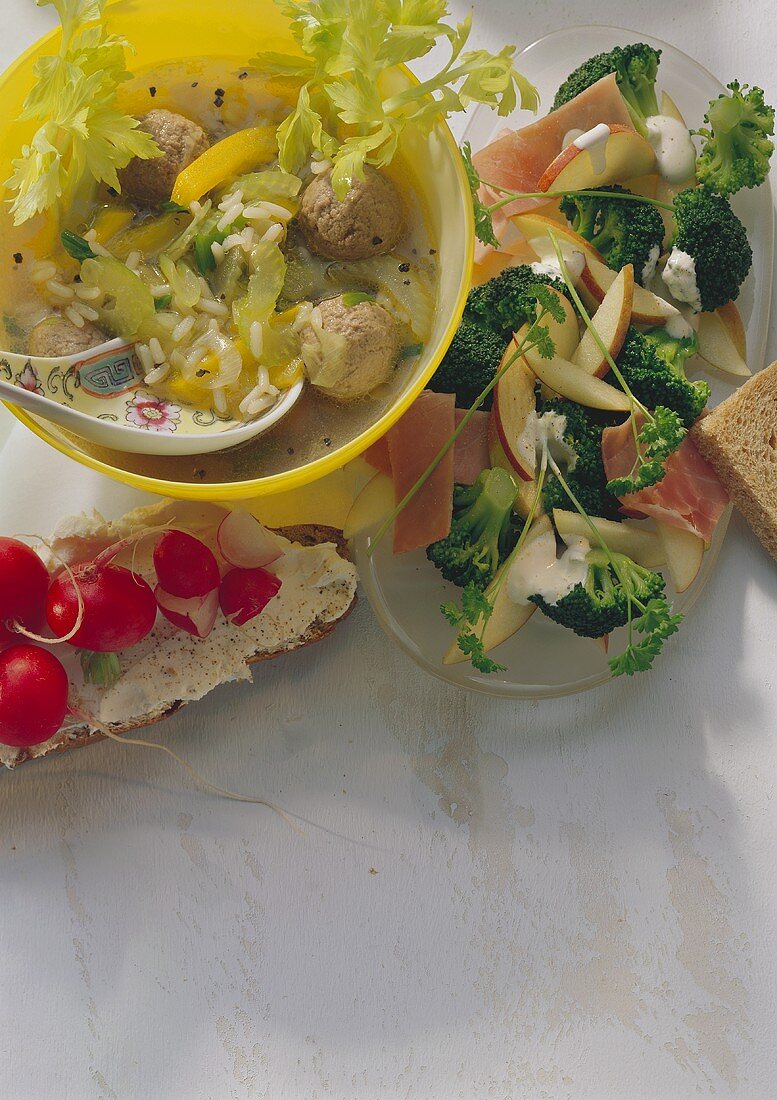 Rice stew with fish balls; broccoli salad; soft cheese & bread