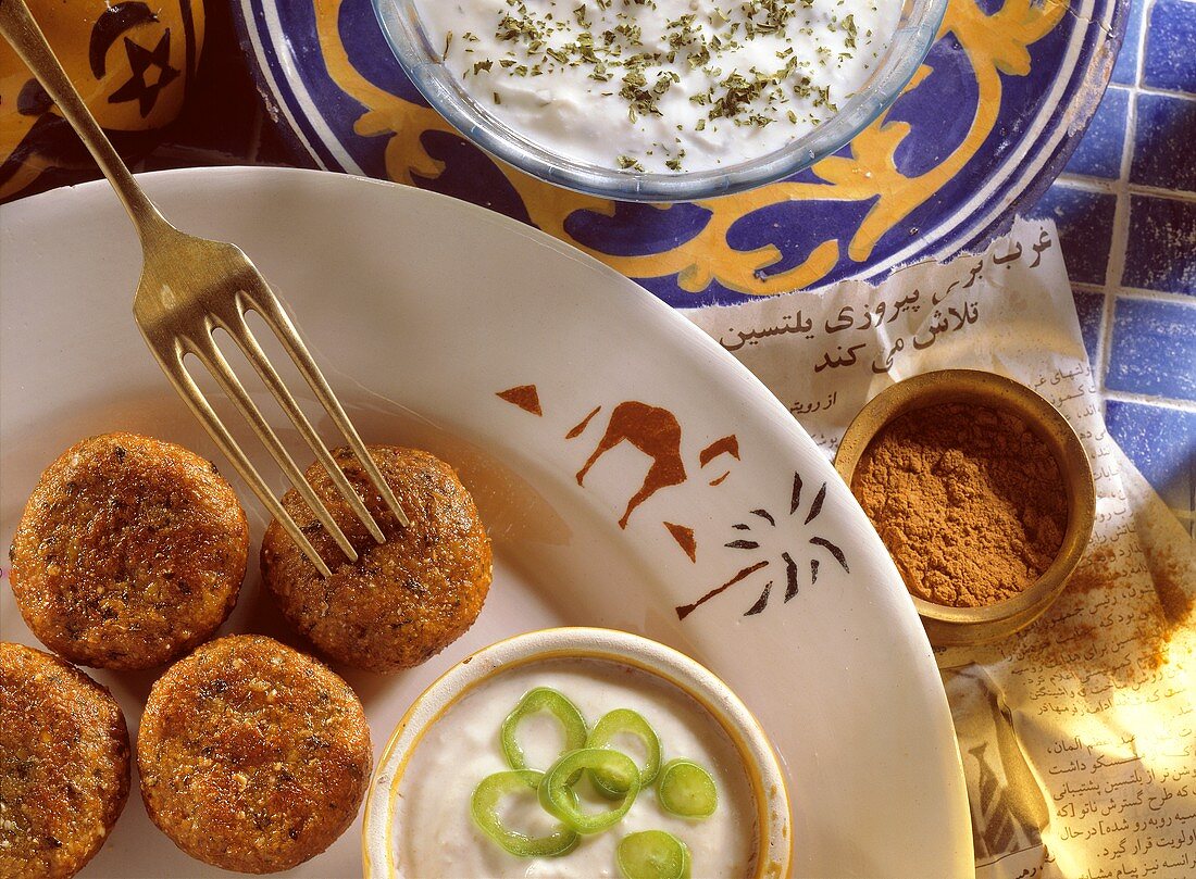 Middle Eastern falafel - fondue with herb yoghurt dip