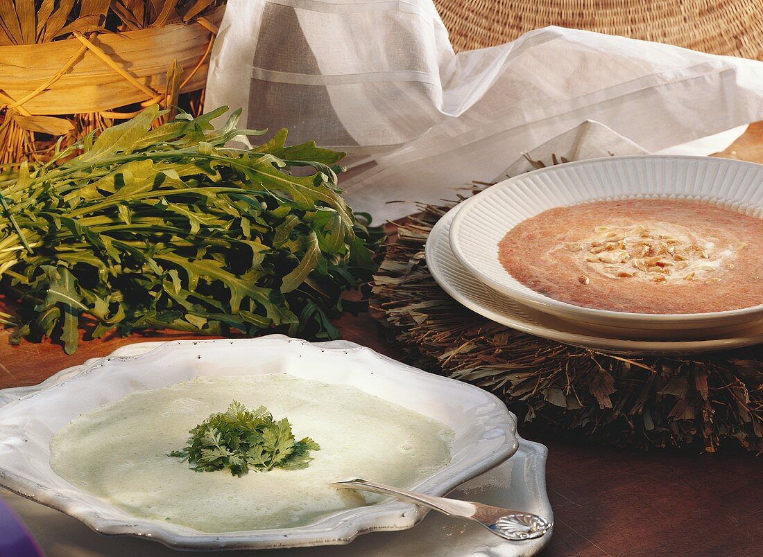 Rucolaschaumsuppe & Paprikacremesuppe mit Sonnenblumenkernen