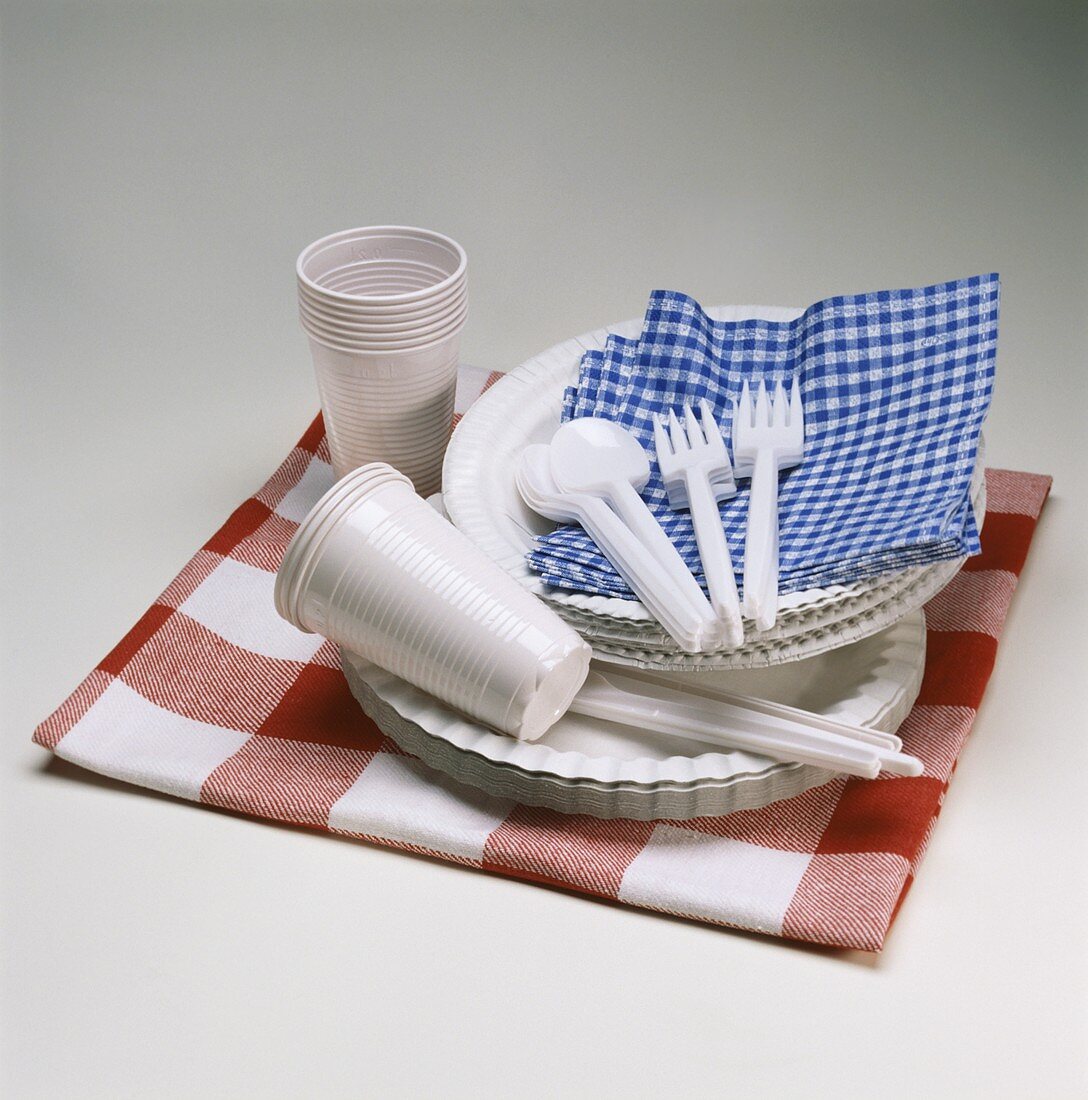 Paper plates, plastic cups & cutlery with napkins on cloth