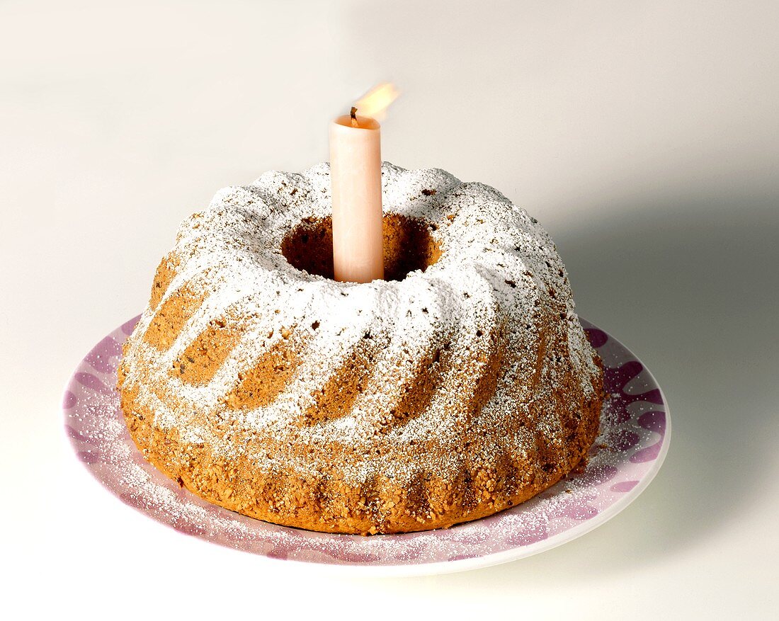 Fruit cake with icing sugar & burning candle for birthday