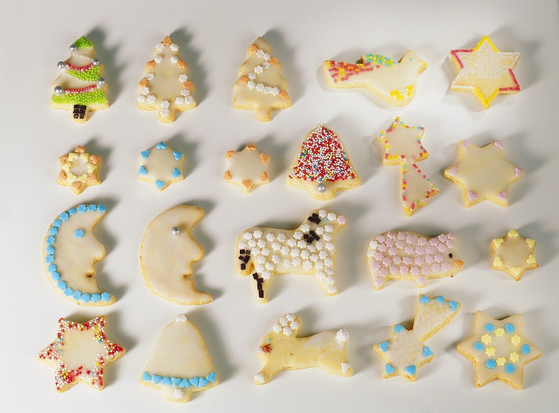 Colourful Christmas biscuits with sugar topping