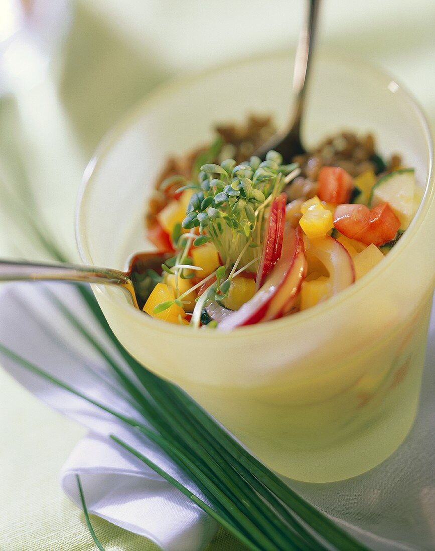 Vegetable salad with grains of wheat & cress; décor: chives