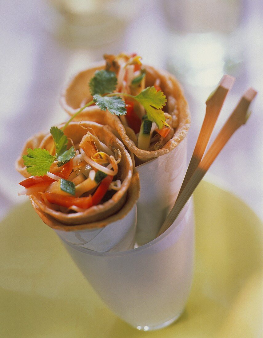 Stuffed sesame pancakes with bean sprouts & sprig of parsley