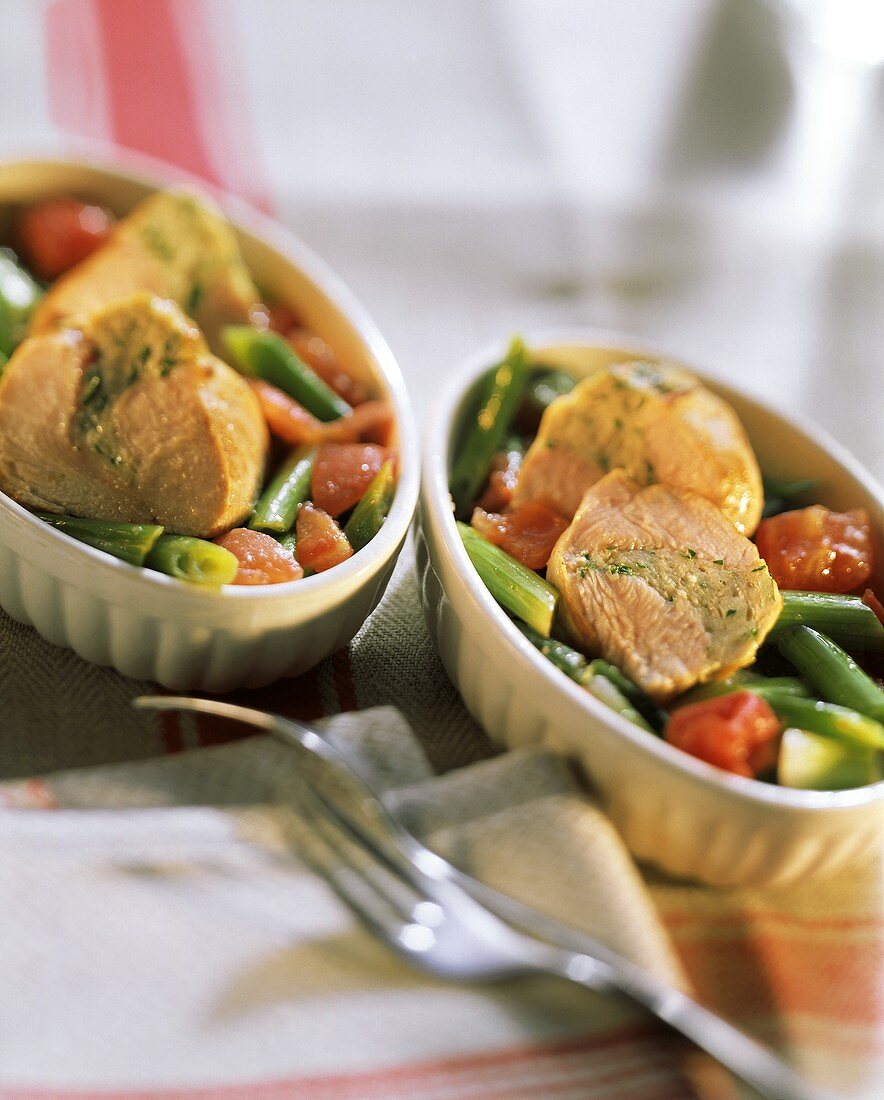 Poultry parcels with wine & mustard sauce on vegetables