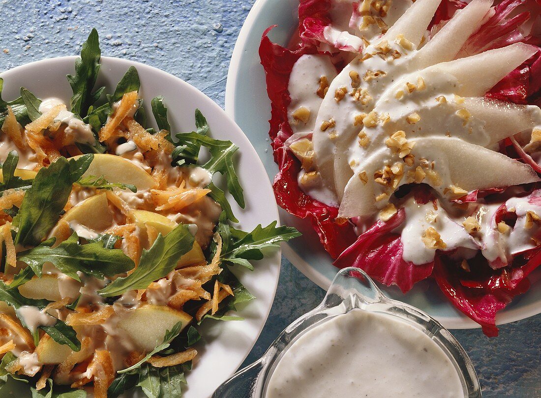 Rocket & apple salad; radicchio & pear salad with Roquefort