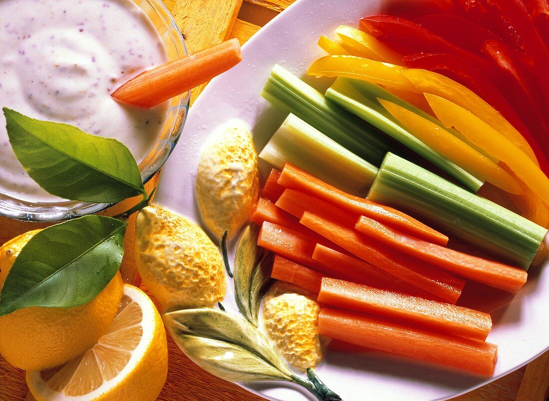 Carrot, celery & pepper sticks with lemon & mustard dip