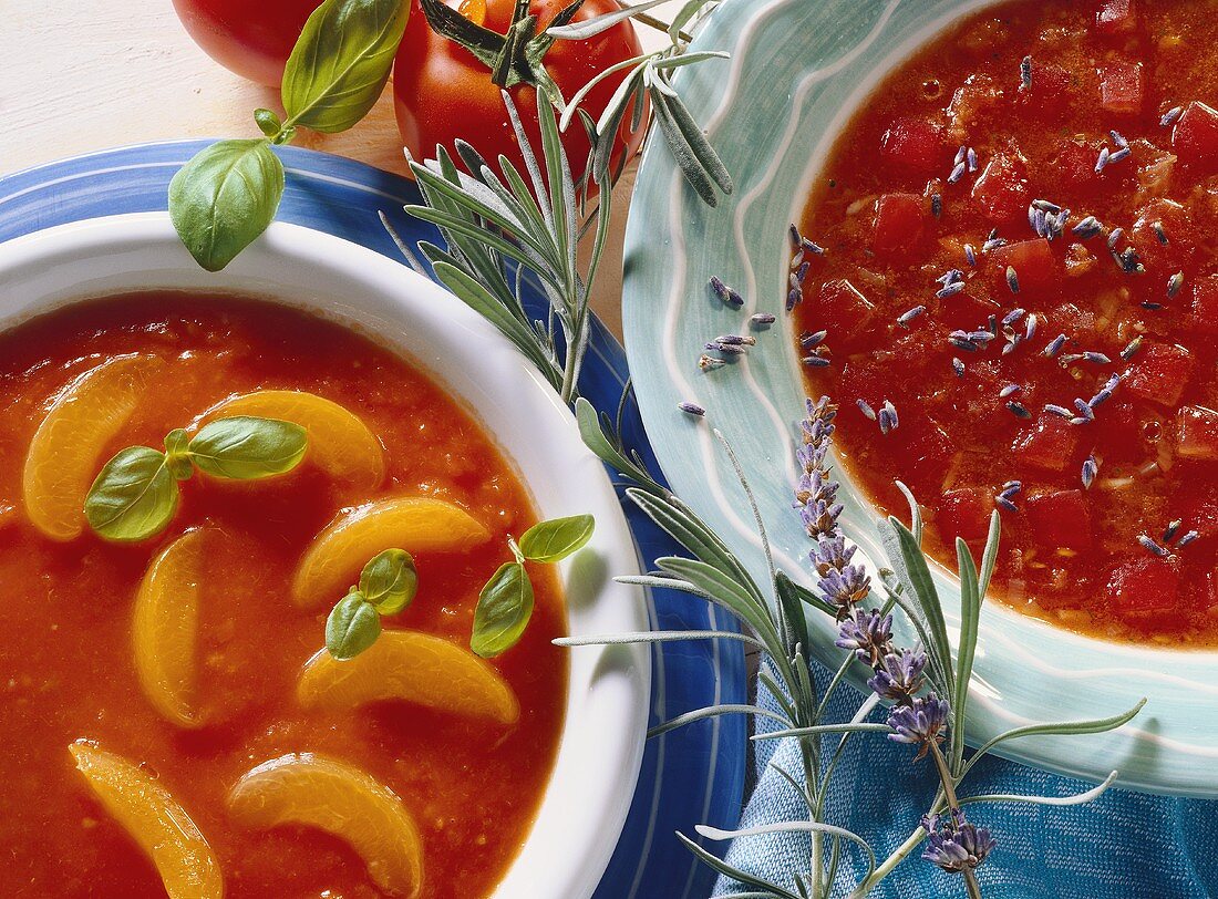 Apricot and tomato soup; spicy tomato soup with lavender