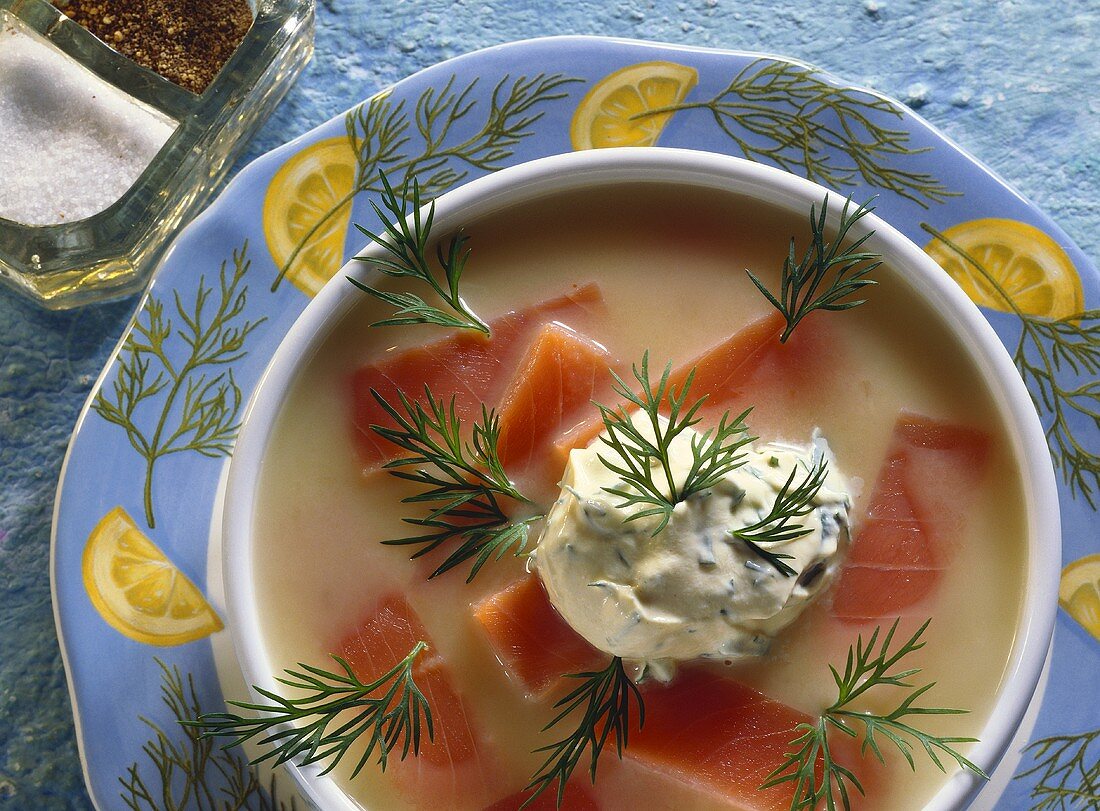 Cold potato soup with salmon, sour cream and dill