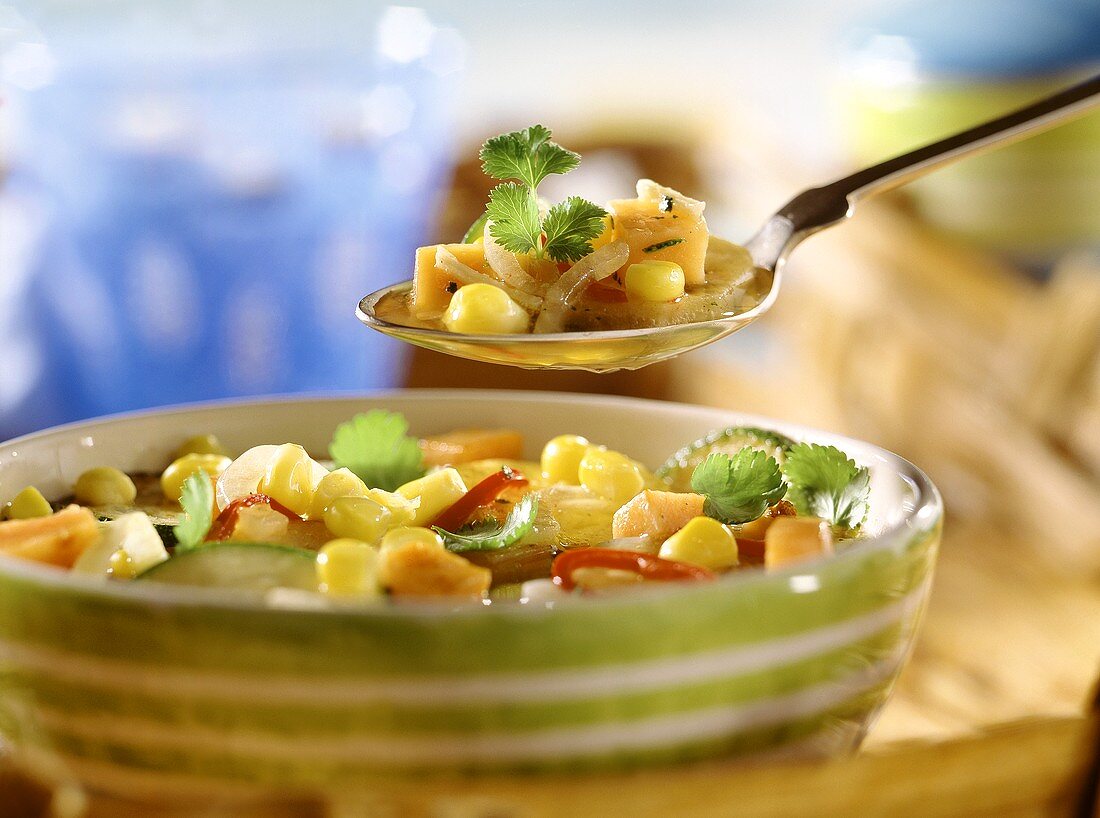 Vegetable Soup with Corn, Red Peppers and Papaya