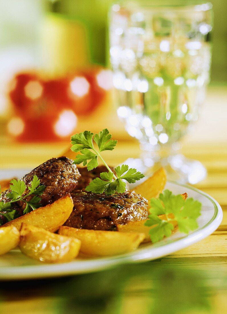 Mince and quark burger with fried potatoes and parsley