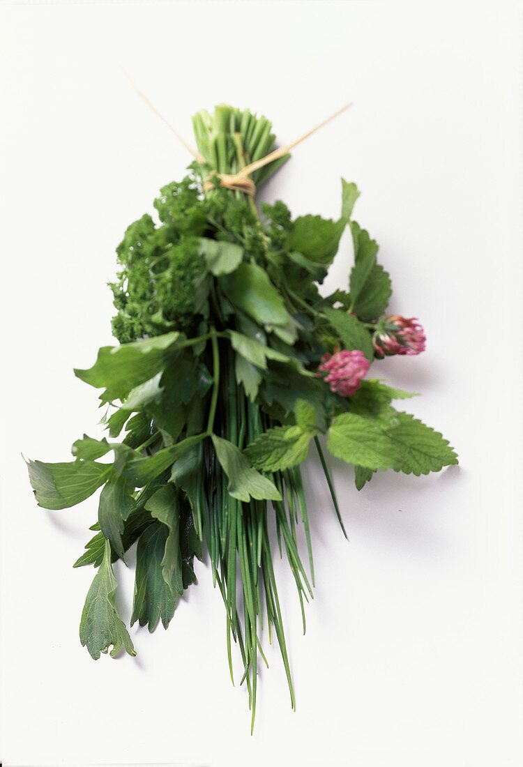 Bunch of mixed herbs with chive flowers