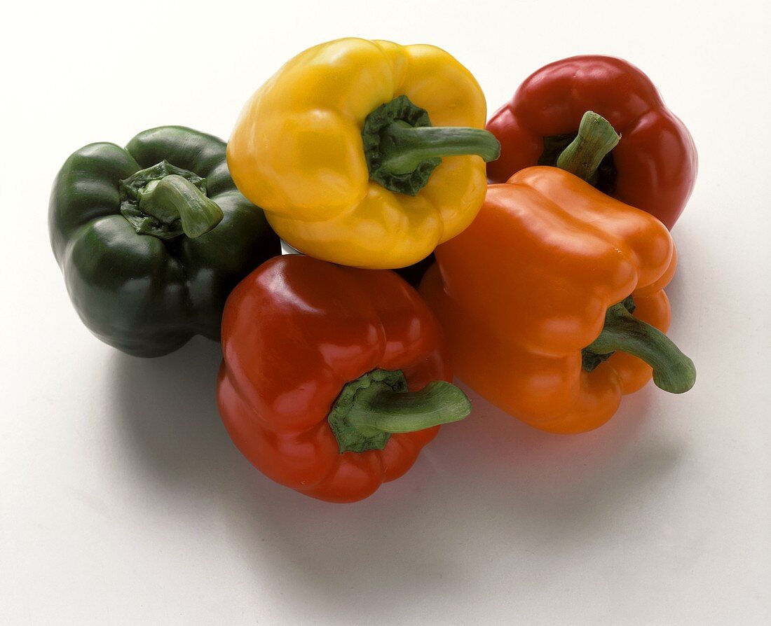 Peppers (two red, one each of green, yellow, orange)