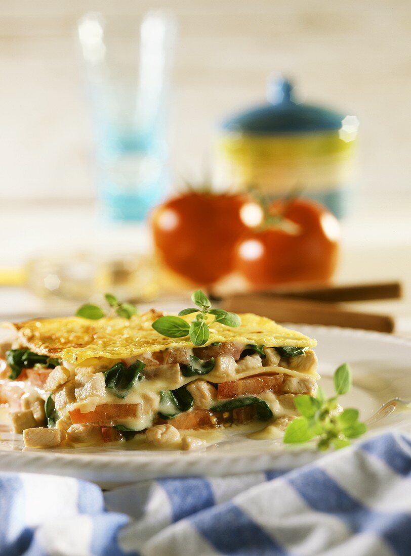Hähnchen-Lasagne mit Spinat & Kräuterzweigen