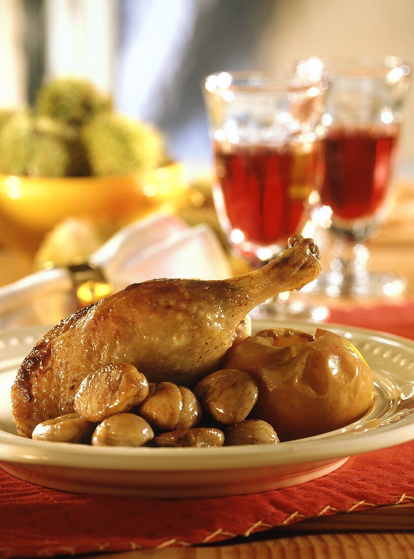 Christmas goose with baked apples and glazed chestnuts