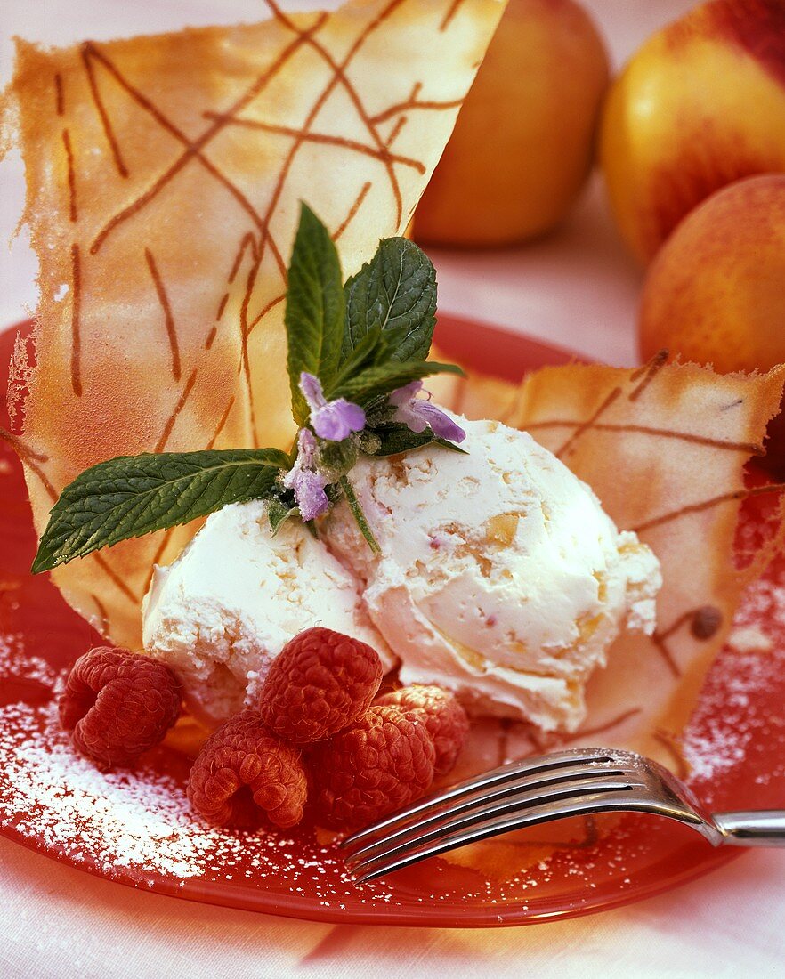 Wafers with peach & raspberry ice cream, raspberries, mint